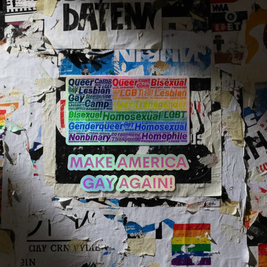Holographic "Make America Gay Again!" sticker in rainbow text on a weathered wall with queer graffiti, torn posters