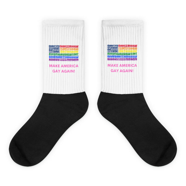 Pair of black-and-white crew socks with rainbow LGBTQ+ words and “MAKE AMERICA GAY AGAIN!”