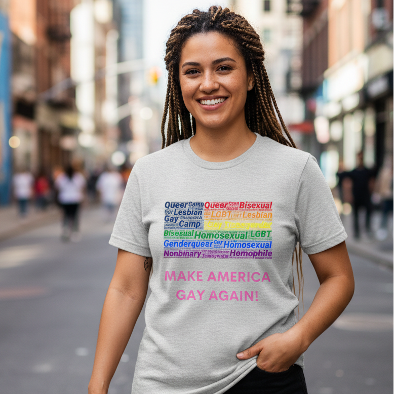 Unisex light gray cotton tee reading "MAKE AMERICA GAY AGAIN!" in bold pink, plus colorful LGBTQ+ terms