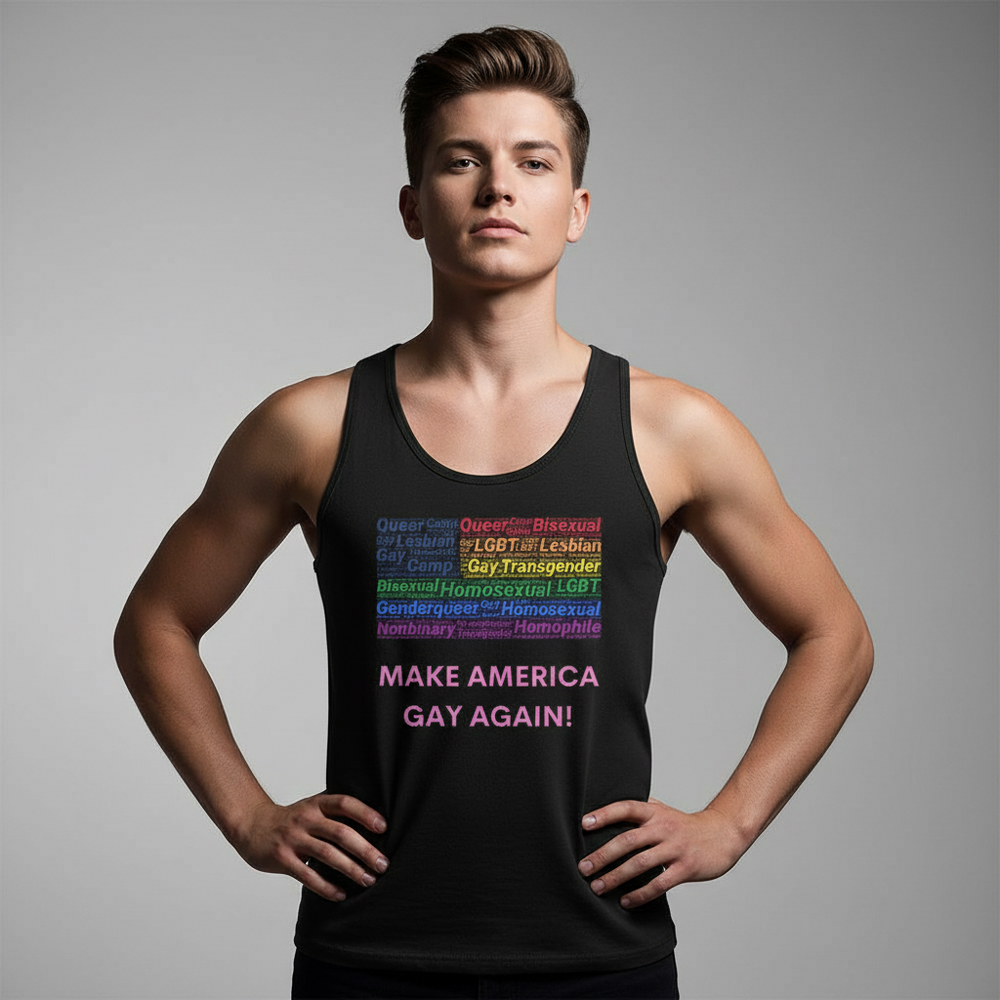 Make America Gay Again! unisex tank top with bold pink-and-white lettering and rainbow LGBTQ+ terms