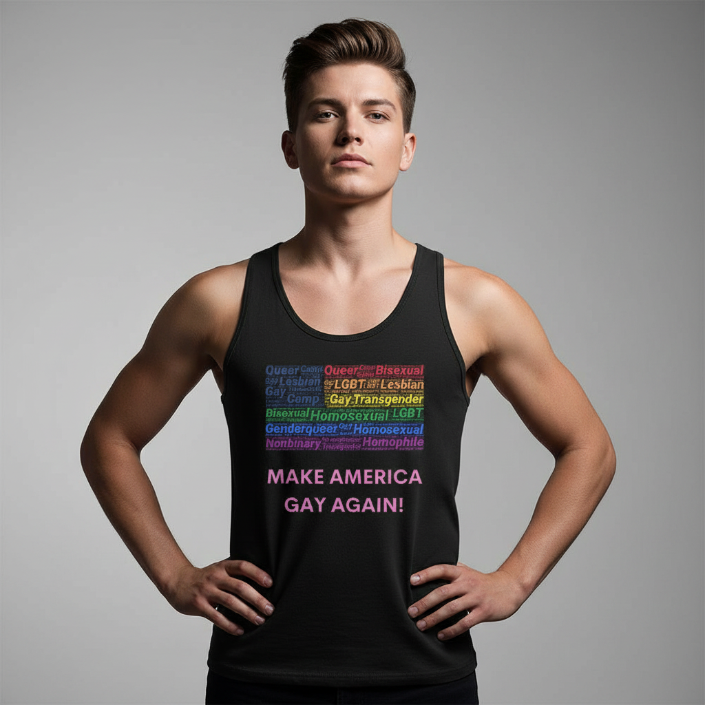 Make America Gay Again! unisex tank top with bold pink-and-white lettering and rainbow LGBTQ+ terms