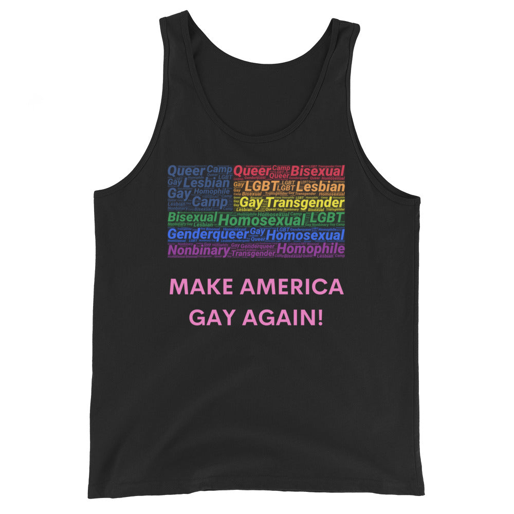 Front view of a black tank top reading “MAKE AMERICA GAY AGAIN!”