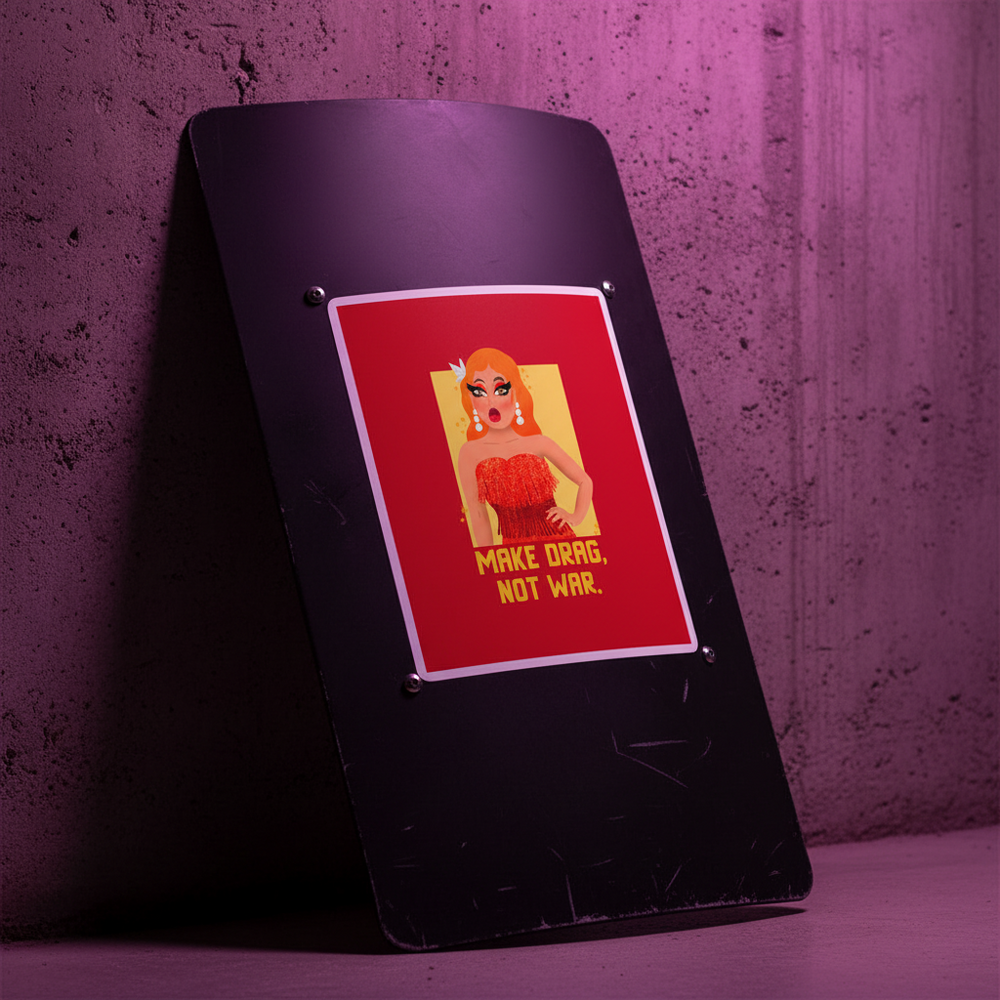 Make Drag Not War Bubble-Free Stickers in bright vinyl pop on a black riot shield with a drag queen poster