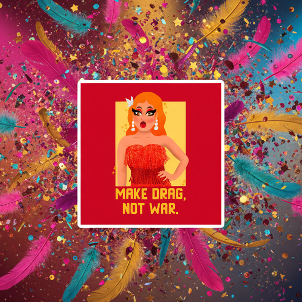 Square red magnet showing a stylized drag queen in a red dress with “MAKE DRAG, NOT WAR.”