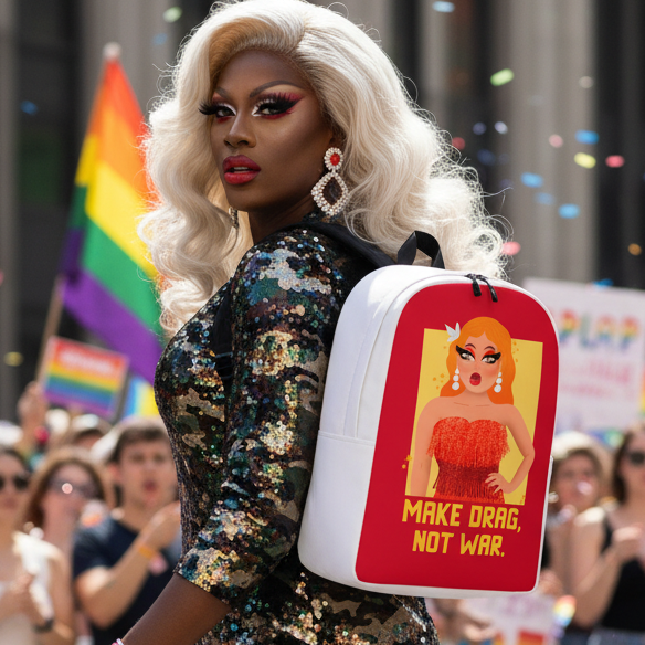Make Drag Not War Minimalist Backpack slung on a drag queen in sequins and blonde wig