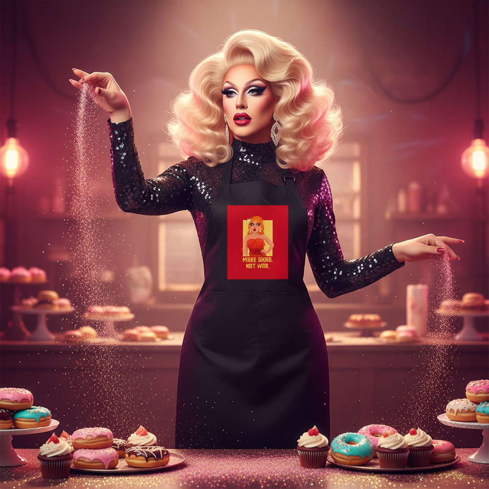 Drag performer in a black apron sprinkles sugar over pastries; chest graphic reads “MAKE DRAG, NOT WAR.”