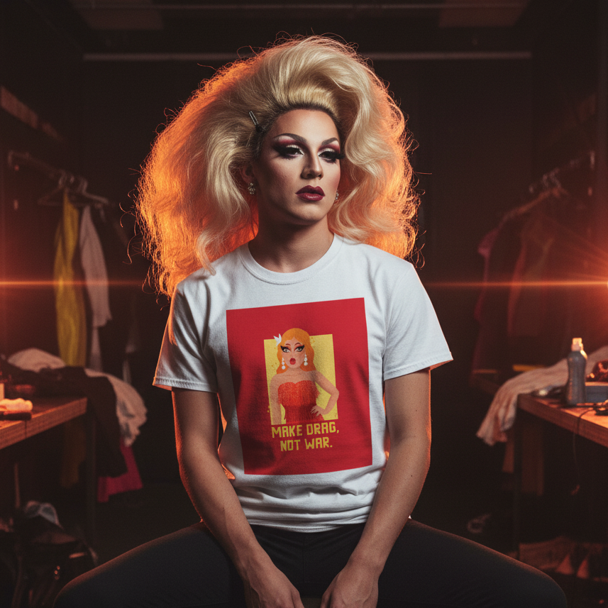 Make Drag Not War T-shirt with a cartoon queen and bold slogan