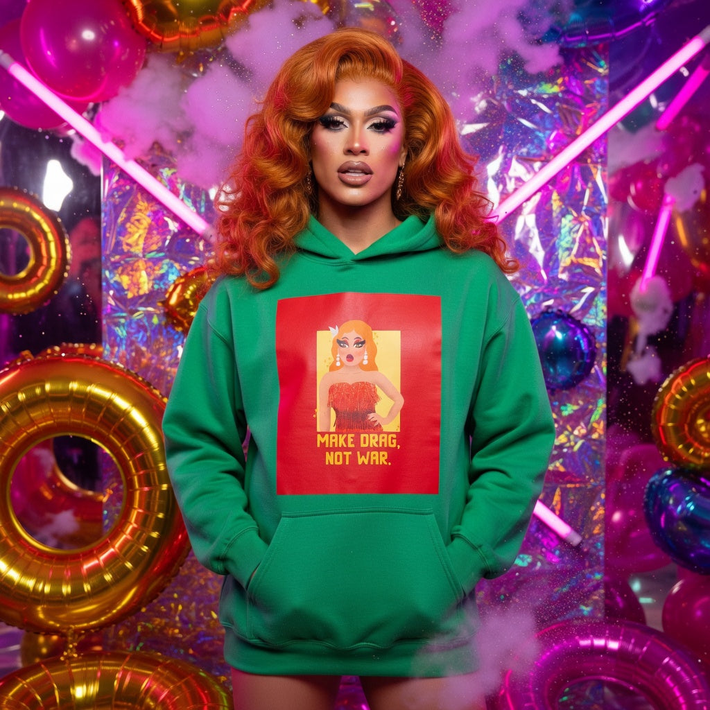 Make Drag Not War Unisex Hoodie with drag queen graphic, worn by bold makeup