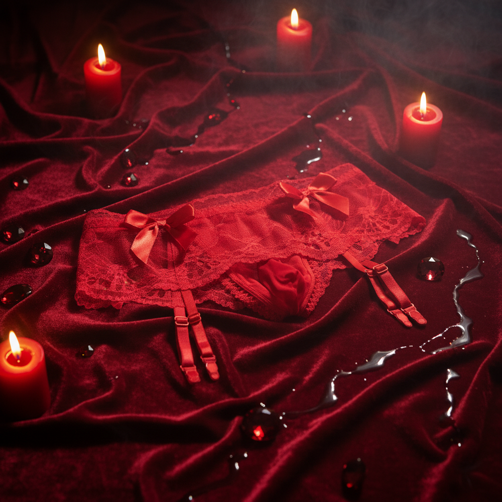 Red lace lingerie briefs with bows and garter straps on red velvet, surrounded by candles