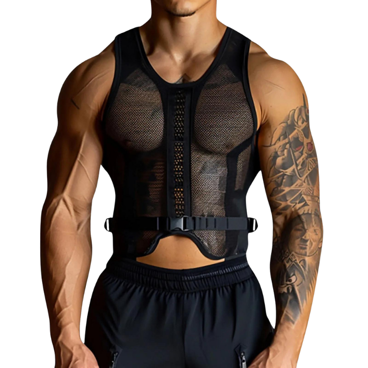 Front view of a model wearing a black mesh cropped tank top with buckled waist strap