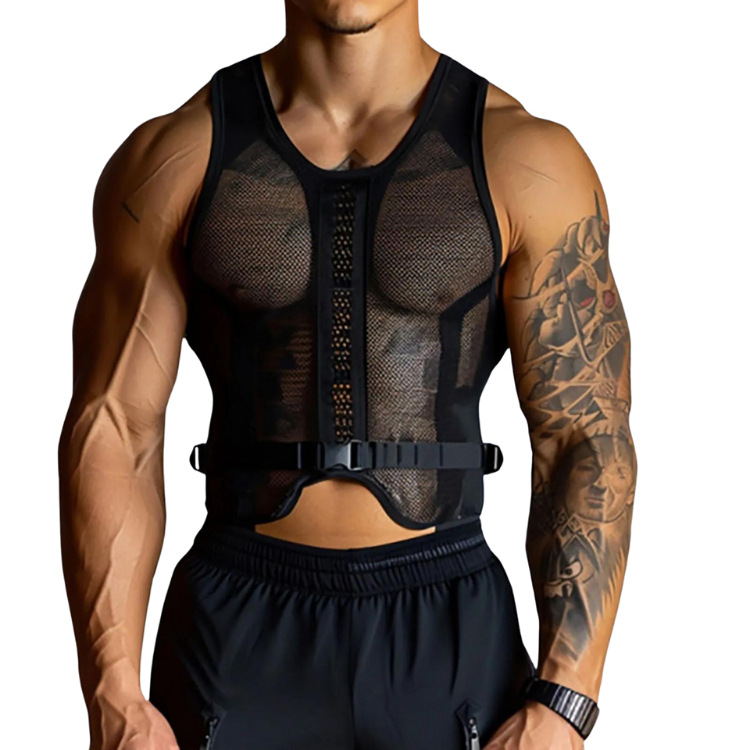 Front view of a muscular model wearing a black mesh cropped tank top with a buckled waist strap