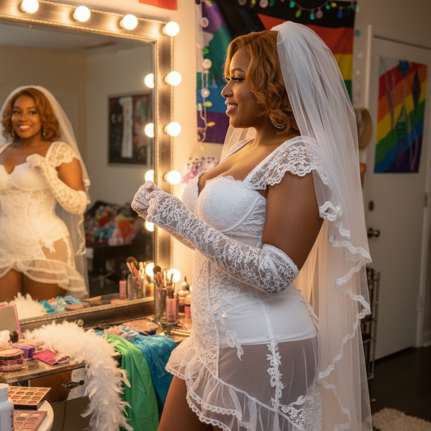 A woman in a white lace bridal cosplay outfit smiles at her reflection in a lit vanity mirror, framed by rainbow flags, makeup, and festive clothes.