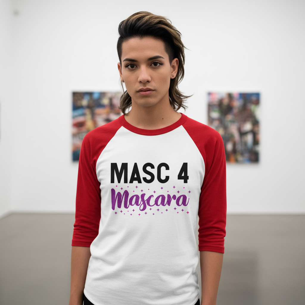 Masc 4 Mascara 3/4 sleeve raglan shirt with bold black and purple lettering; queer person stands in gallery, facing camera.