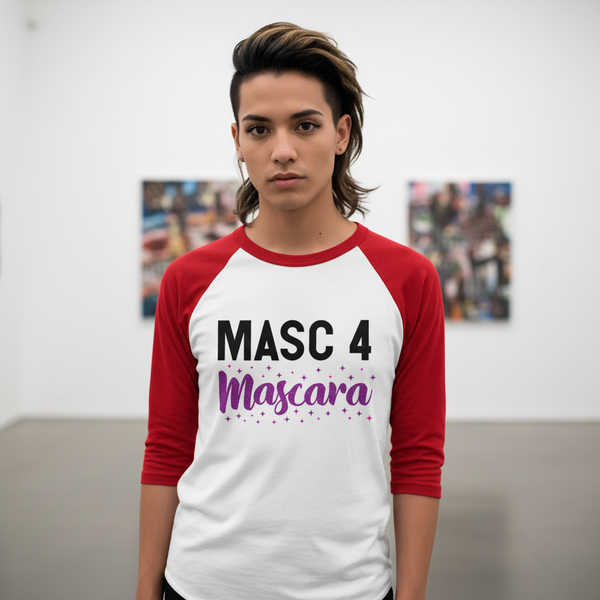 Masc 4 Mascara 3/4 sleeve raglan shirt with bold black and purple lettering; queer person stands in gallery, facing camera.