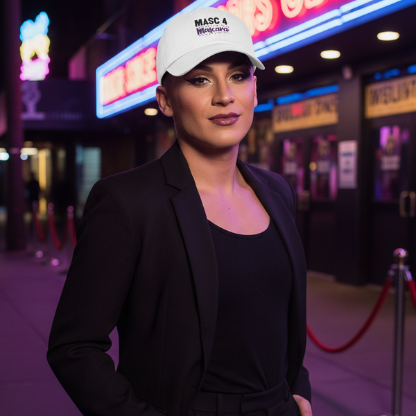 Masc 4 Mascara Cap on a confident person in a black suit outside a neon-lit theater, city nightlife serving queer energy.