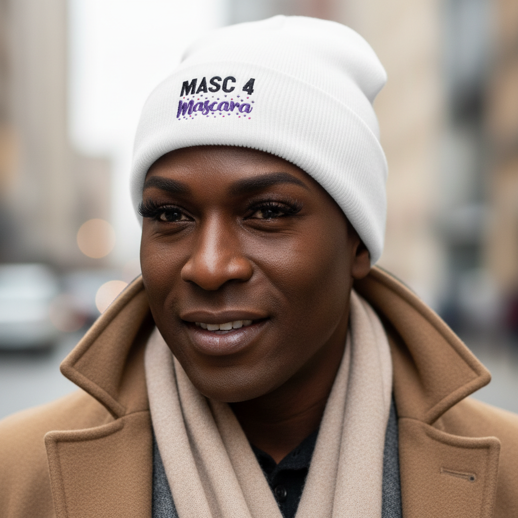 White Masc 4 Mascara Cuffed Beanie with purple and black lettering on a person, camel coat, beige scarf, smiling