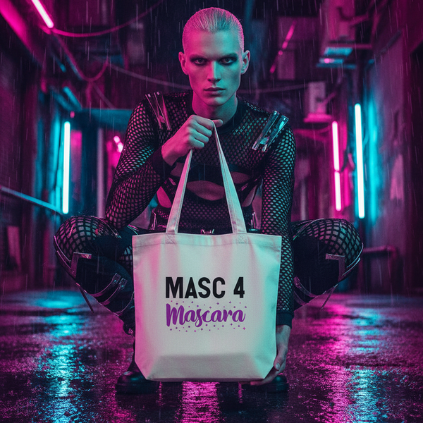 Model crouches in a neon-lit alley, holding a tote reading “MASC 4 Mascara”