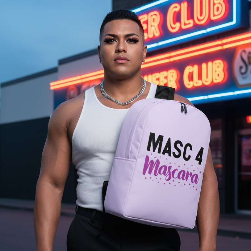 Masc 4 Mascara Minimalist Backpack with bold black and pink lettering