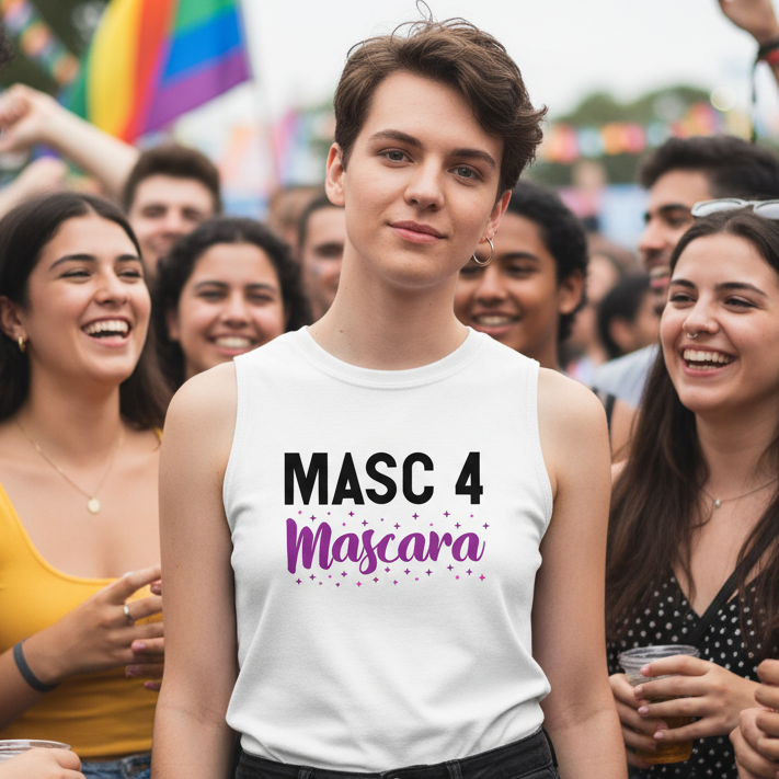 Masc 4 Mascara Muscle Top on a smiling person at Pride, surrounded by a joyful