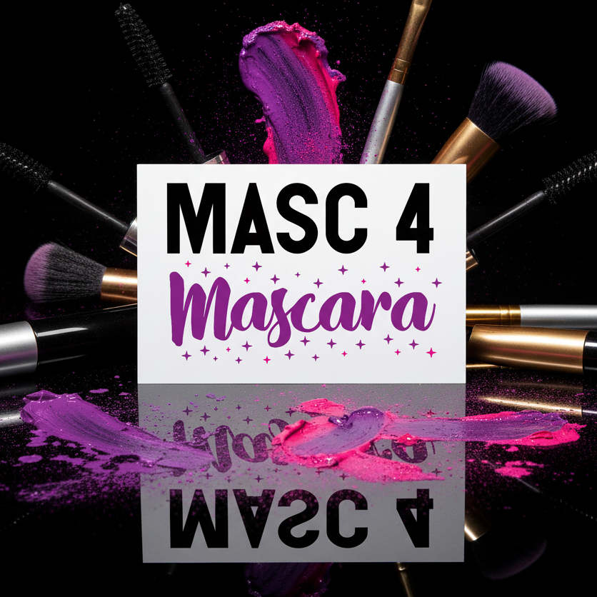 Masc 4 Mascara Postcard in bold text stands on glossy black with makeup brushes, mascara wands