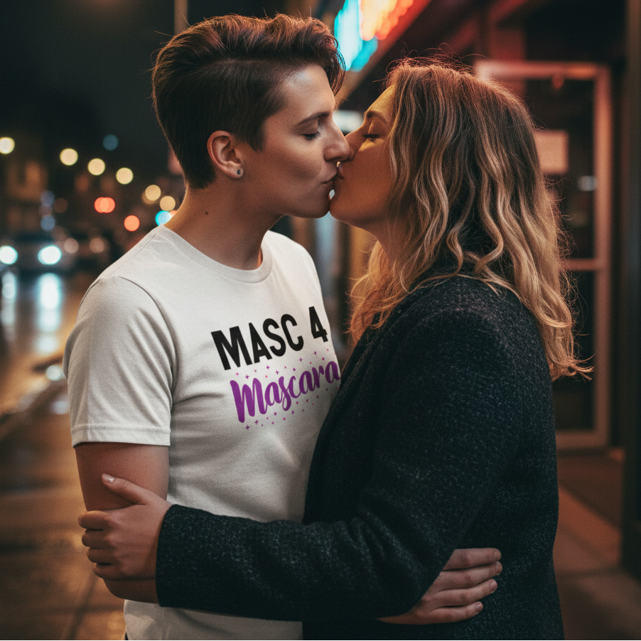 Masc 4 Mascara T-Shirt in bold black and pink pops as two queer folks kiss on a city street at night