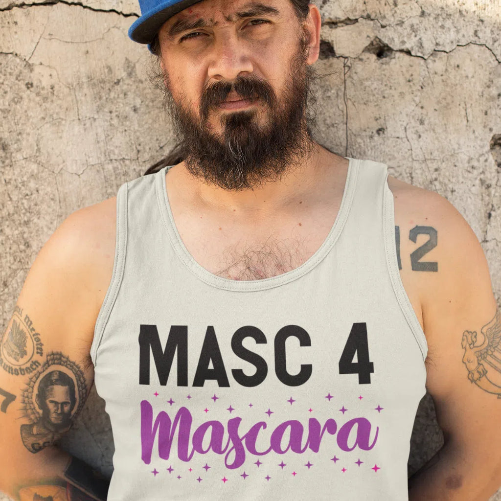 Bearded model wearing a light gray tank top reading “MASC 4 Mascara” in black and purple