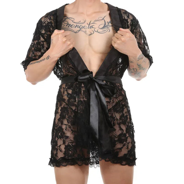 Front view of a person wearing a black floral lace robe with a satin tie