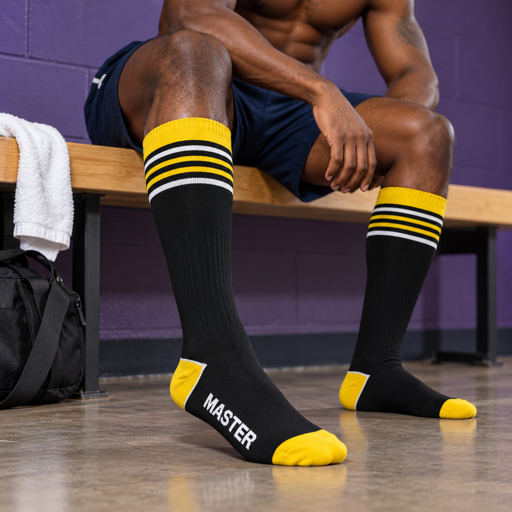 Master + Slave Game-On Nylon Sports Socks: Master (Yellow), worn in yellow court authority.