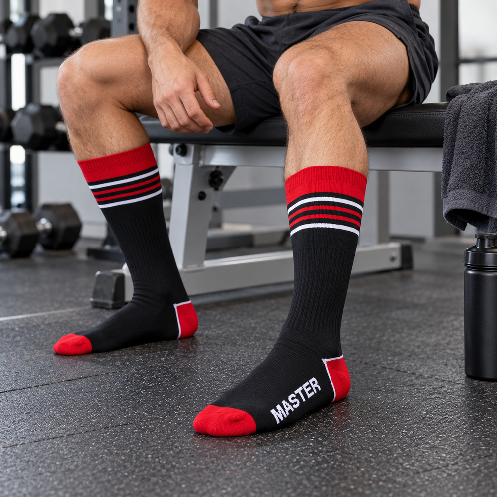 Master + Slave Game-On Nylon Sports Socks: Master (Red), worn in red role, modern gym.