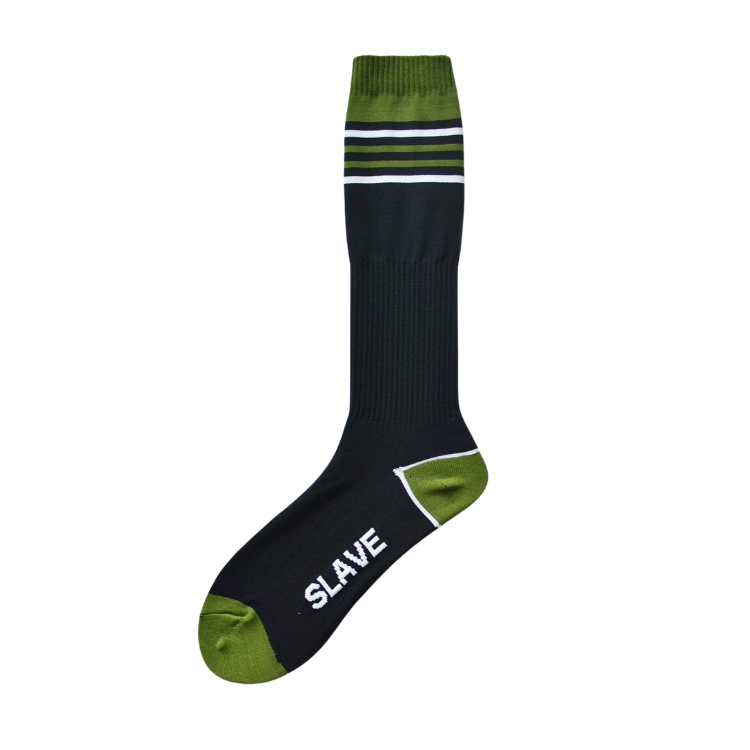 Black and olive striped sports sock labeled “SLAVE,” shown angled with the toe pointing left