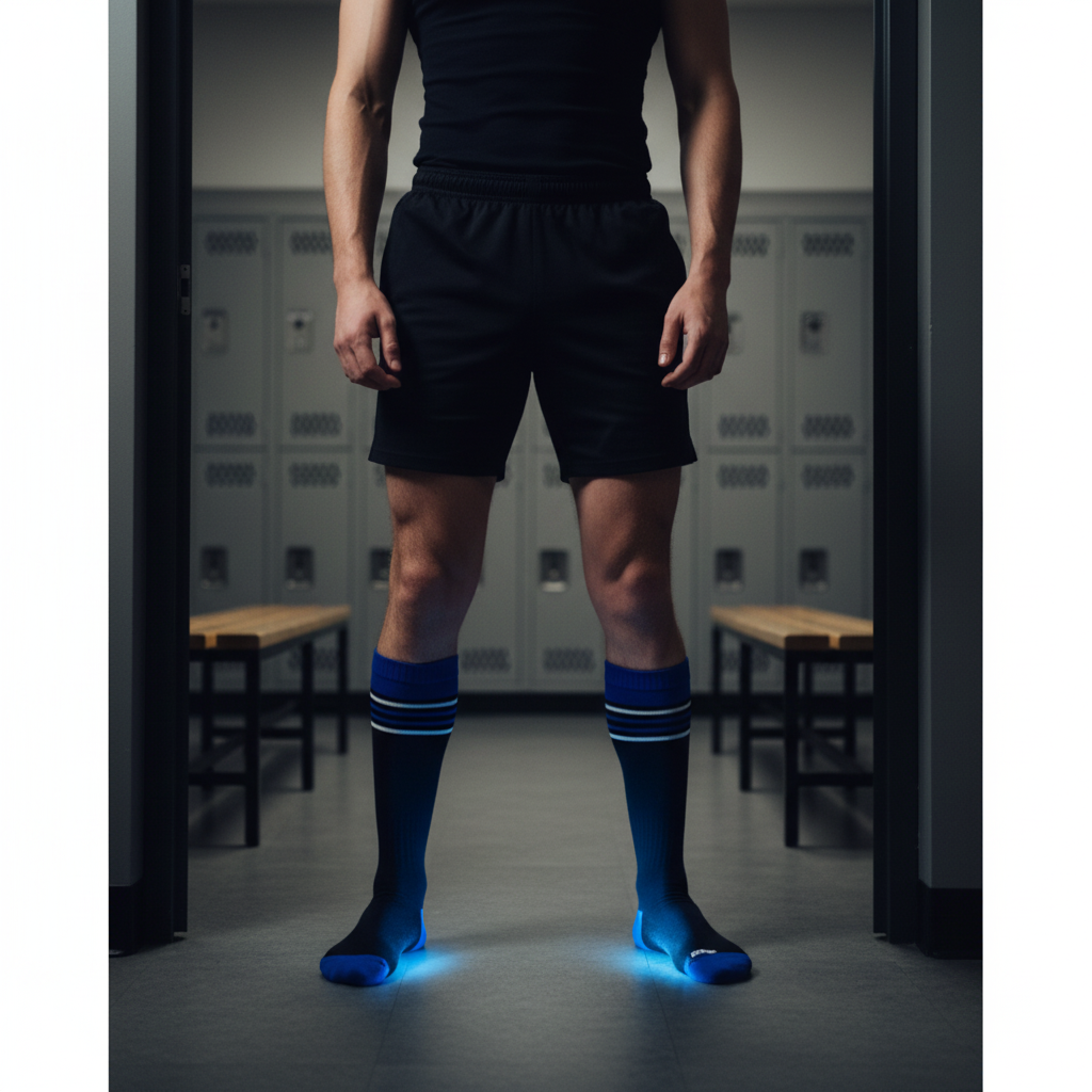 In a locker room, someone in black shorts, black top, and "Master + Slave Game-On" nylon knee-high socks with blue stripes
