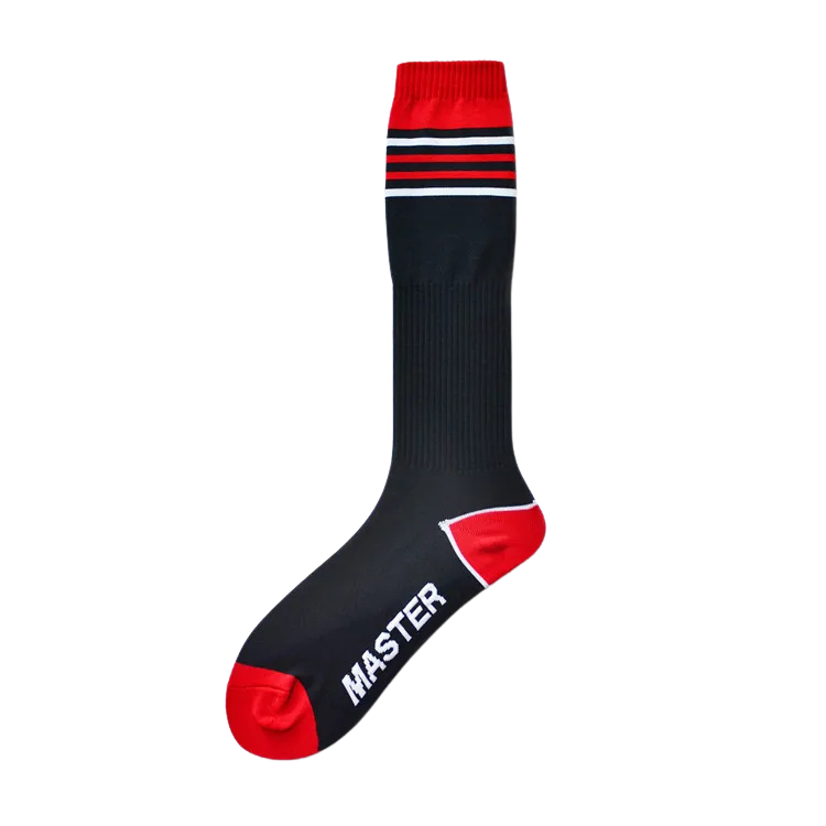 Black knee-high sports sock with red accents, white stripes, and “MASTER” text