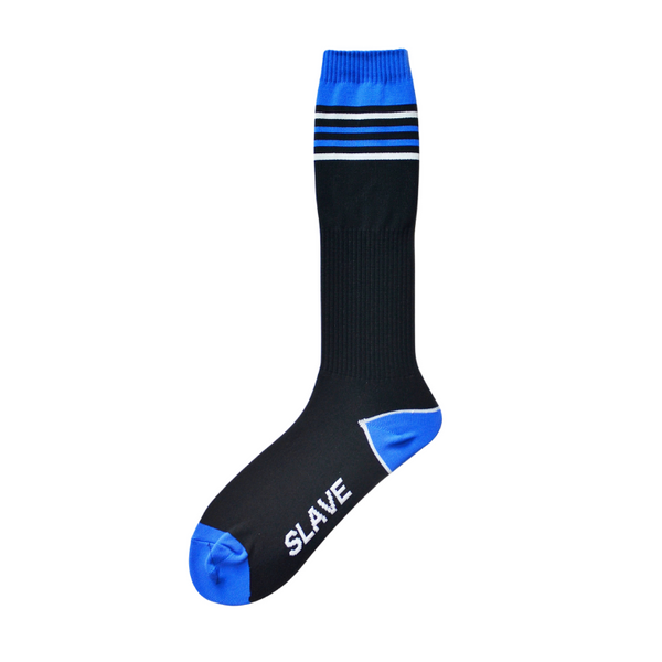 Black and blue crew sock with striped cuff and white “SLAVE” lettering