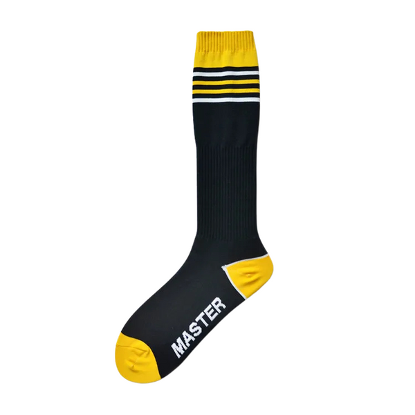 Single black crew sock with yellow accents and white stripes, labeled “MASTER”