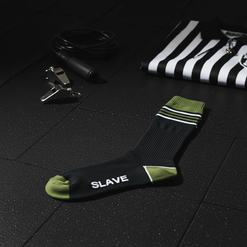 Flat-lay black sports sock with green accents and “SLAVE” lettering