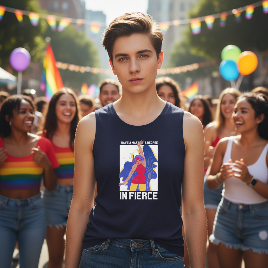Master's Degree In Fierce muscle tank in a relaxed fit, rocked by a person at Pride