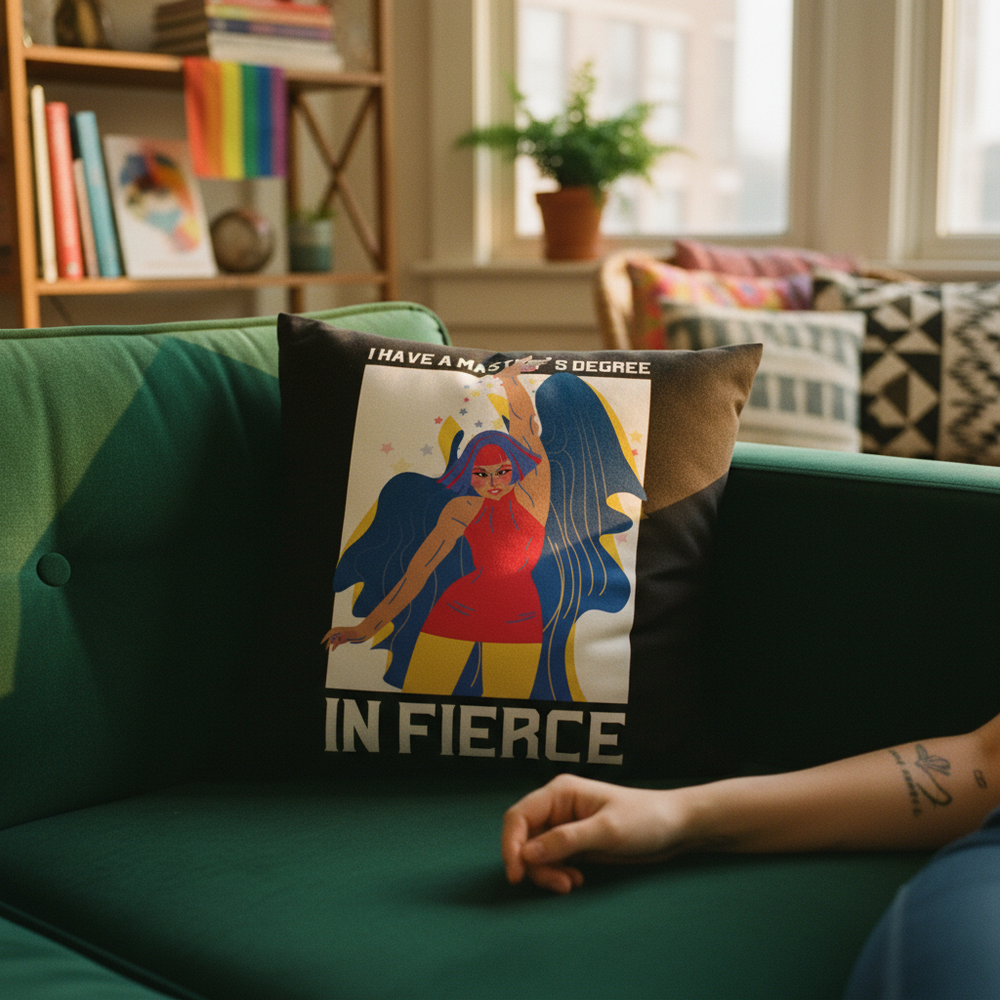 Master's Degree In Fierce Pillow on green sofa, bold person design, “I HAVE A MASTERS DEGREE IN FIERCE,” plants, books