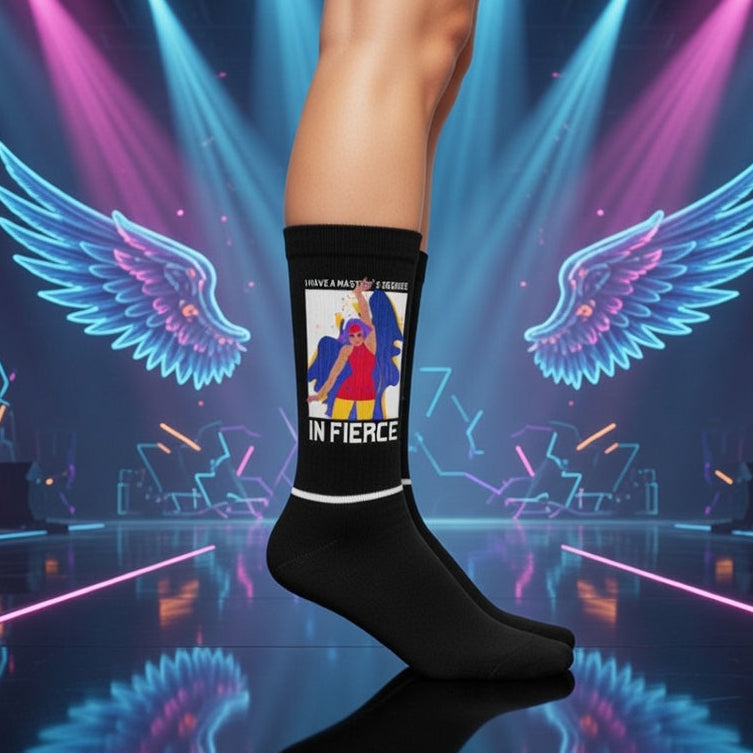 Crew-length "Master's Degree In Fierce" socks with bold "IN FIERCE" text, worn on stage