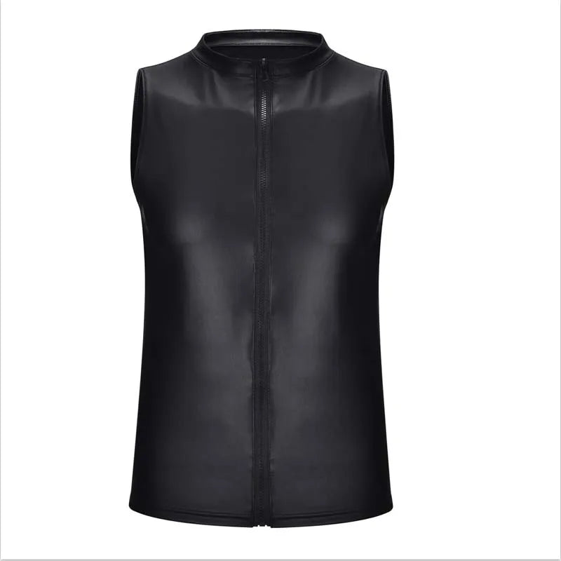Front view of a black sleeveless faux-leather shirt with a stand collar and zipper