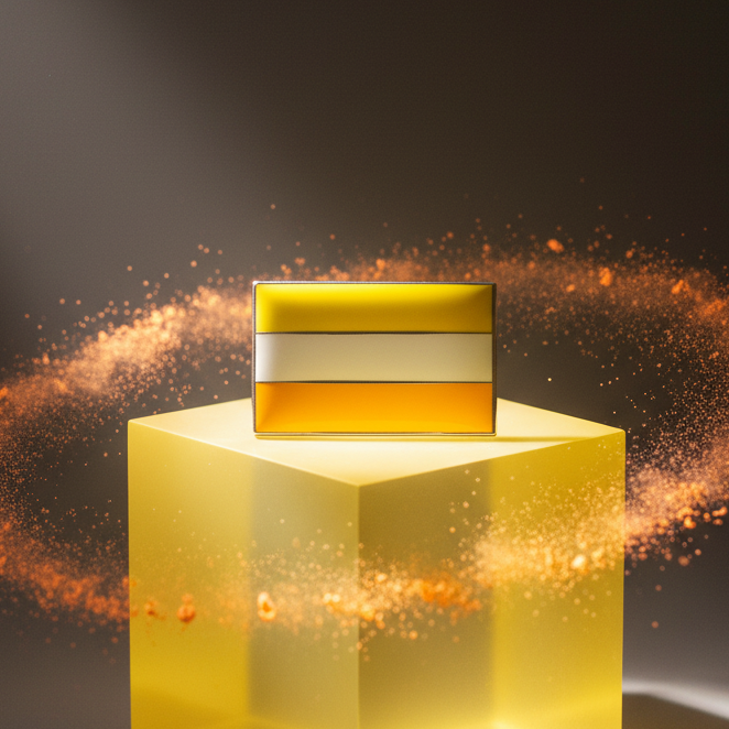 Maverique pride flag enamel pin displayed upright on a glowing yellow cube