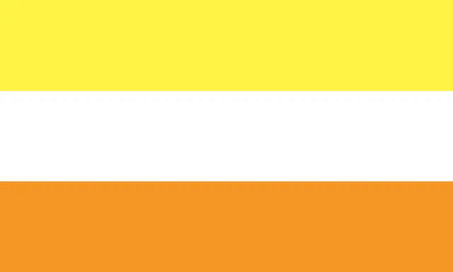Maverique pride flag with horizontal yellow, white, and orange stripes