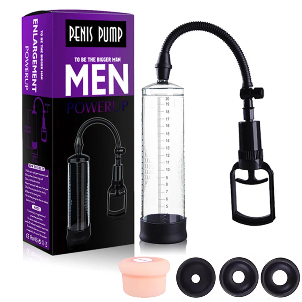 MaxPro penis pump kit with clear cylinder, hand pump, box, and three black seals