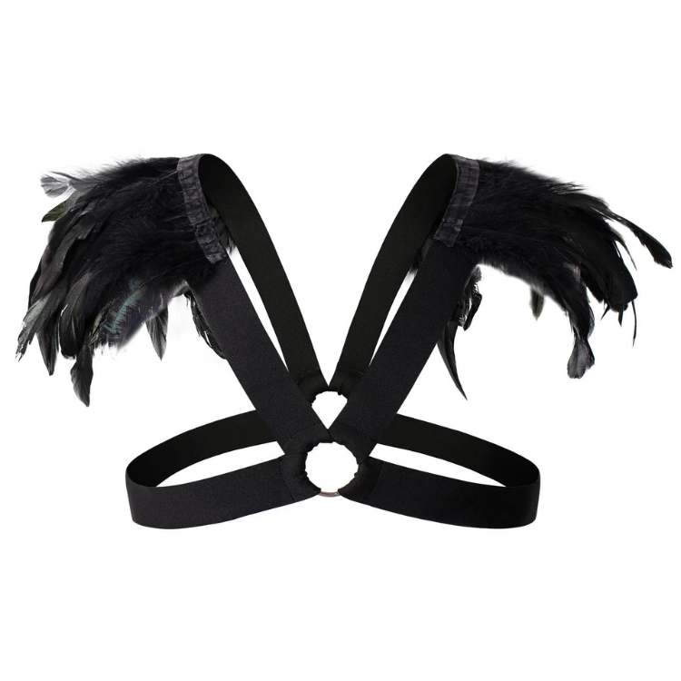 Black elastic harness with feathered shoulder pieces, arranged flat on a white background