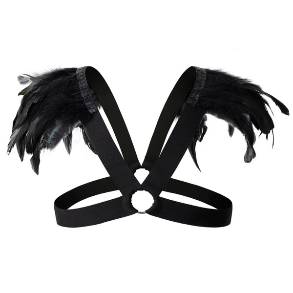 Black elastic harness with feathered shoulder pieces, arranged flat on a white background