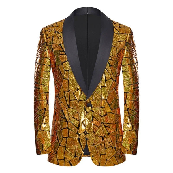 Front view of a gold glitter blazer with a black shawl collar and mosaic-like pattern