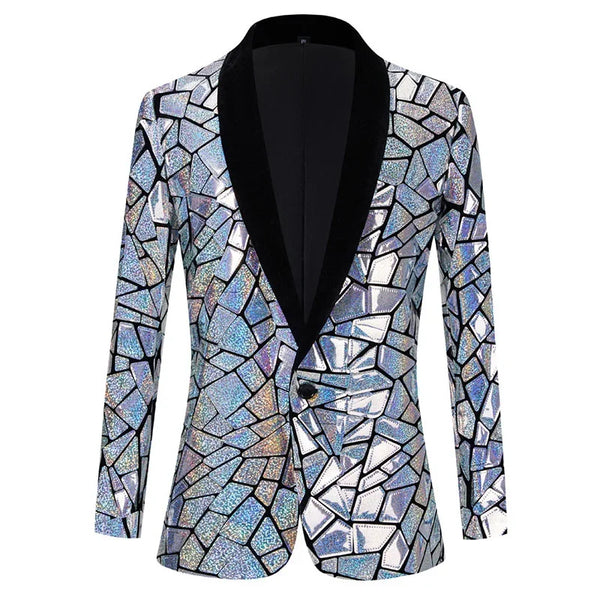 Front-view men's blazer with black shawl lapels and iridescent glitter mosaic pattern