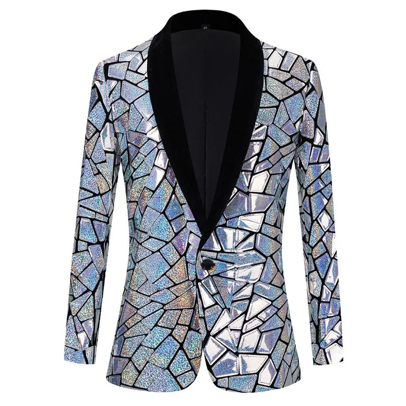 Front-view men's blazer with black shawl lapels and iridescent glitter mosaic pattern