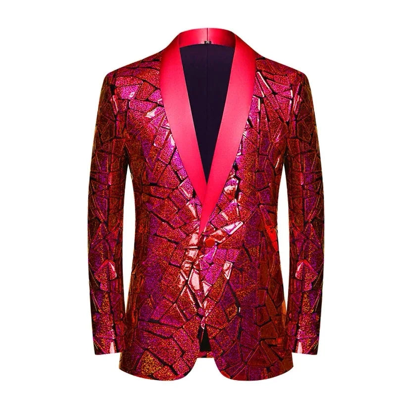 Front view of a men's hot-pink glitter blazer with a bright shawl collar and geometric pattern