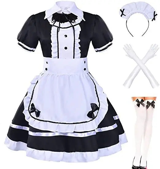 Black-and-white French maid dress with apron, headband, gloves, and thigh-high stockings