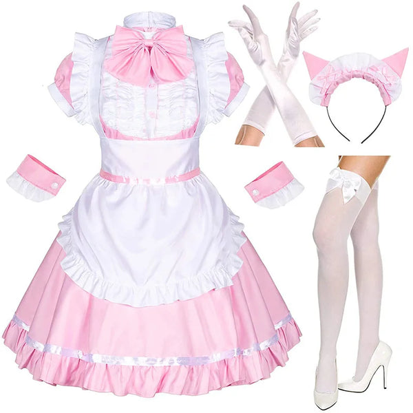 Pink-and-white French maid dress with apron, gloves, cat-ear headband, cuffs, and stockings